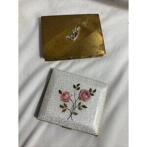 Lot 2 Vintage Volupte Compact For Pressed Powder W/ Mirror Brass 1950s Roses